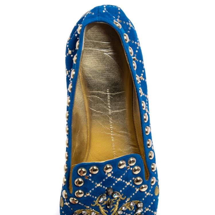 Pre Owned Giuseppe Zanotti Blue Suede Studded Smoking Slippers Size 39
