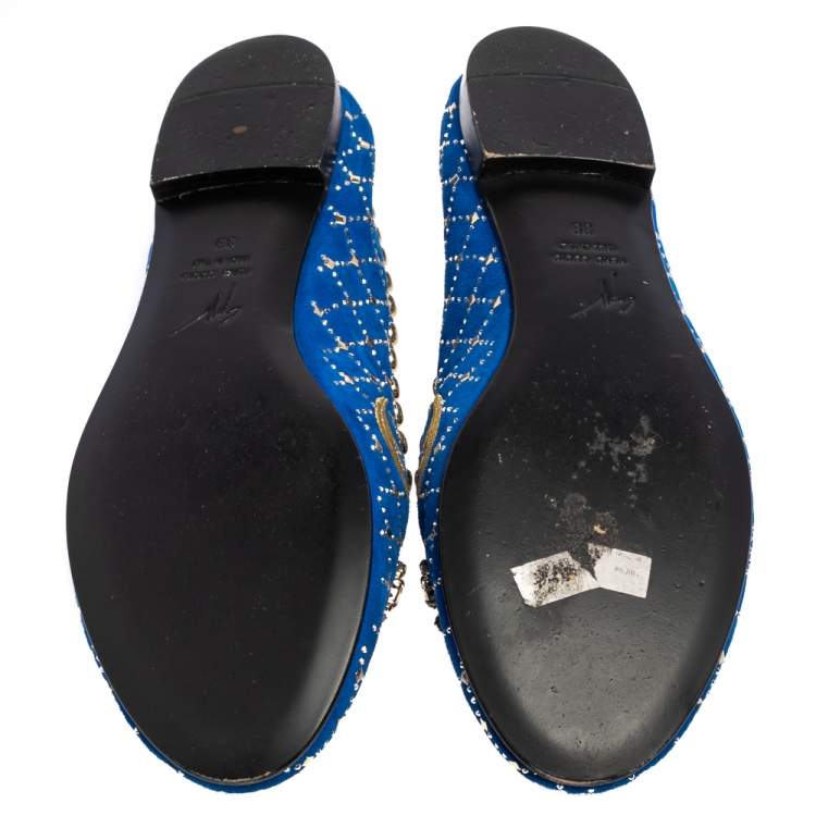 Pre Owned Giuseppe Zanotti Blue Suede Studded Smoking Slippers Size 39