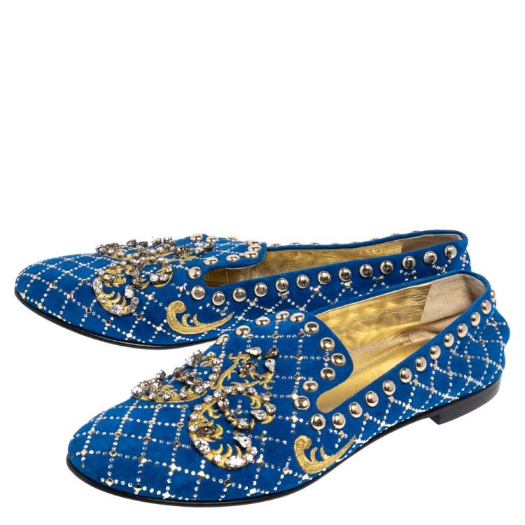 Pre Owned Giuseppe Zanotti Blue Suede Studded Smoking Slippers Size 39