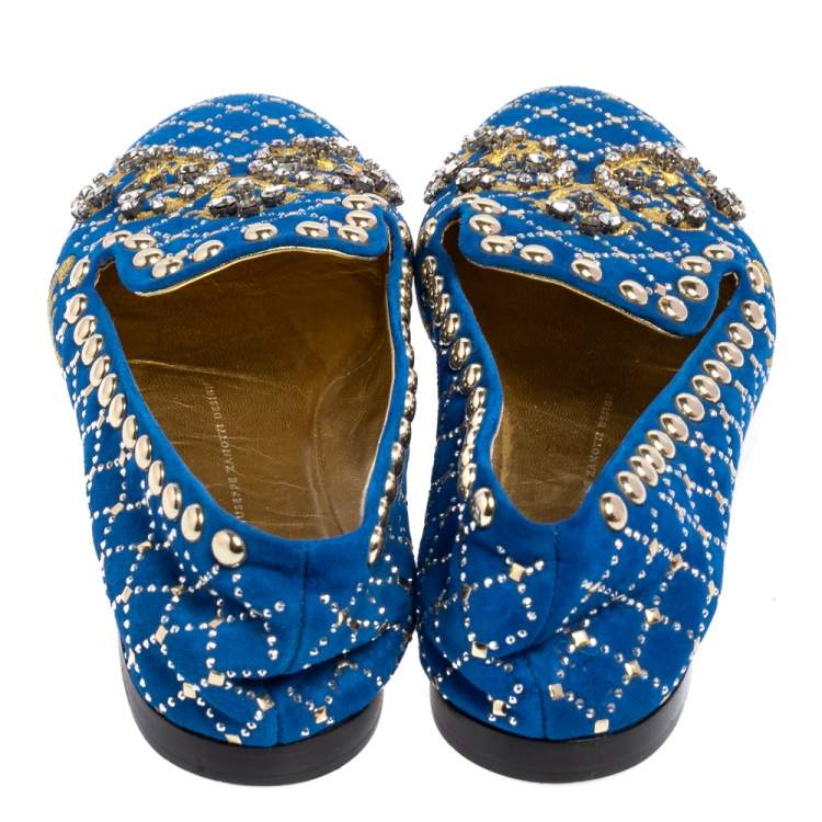 Pre Owned Giuseppe Zanotti Blue Suede Studded Smoking Slippers Size 39