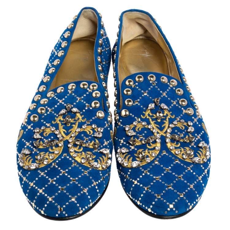 Pre Owned Giuseppe Zanotti Blue Suede Studded Smoking Slippers Size 39