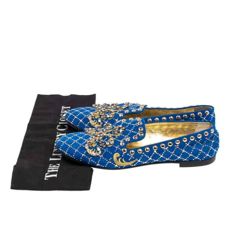 Pre Owned Giuseppe Zanotti Blue Suede Studded Smoking Slippers Size 39