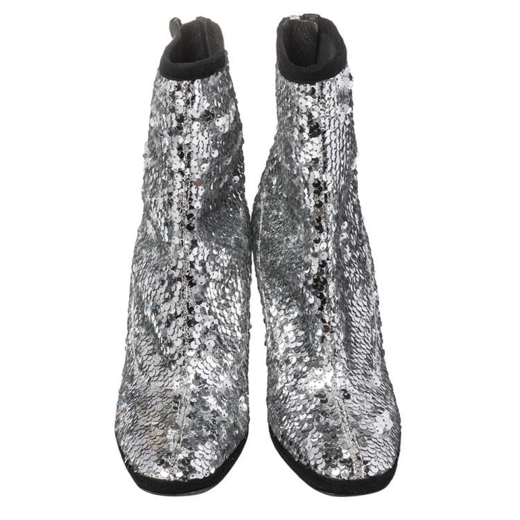 Pre Owned Giuseppe Zanotti Silver Sequin Embellished Ankle Boots Size 36