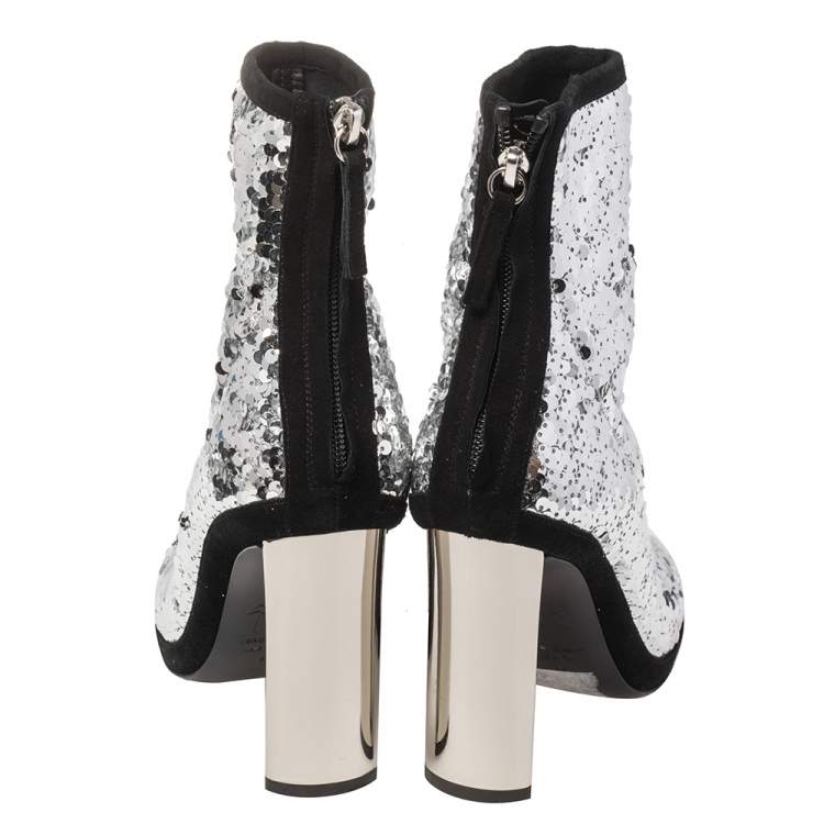 Pre Owned Giuseppe Zanotti Silver Sequin Embellished Ankle Boots Size 36