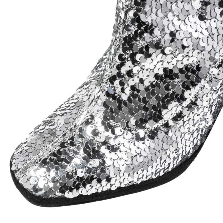 Pre Owned Giuseppe Zanotti Silver Sequin Embellished Ankle Boots Size 36