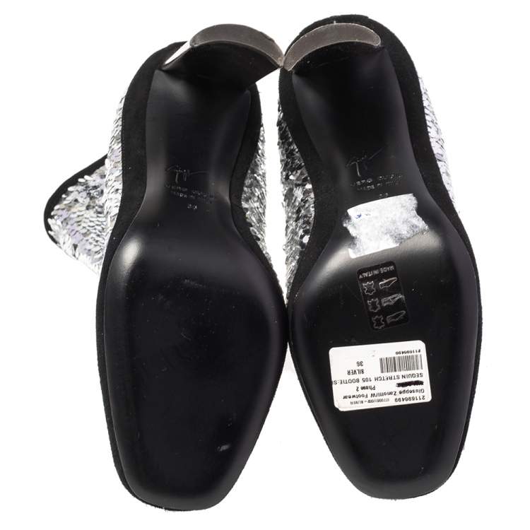 Pre Owned Giuseppe Zanotti Silver Sequin Embellished Ankle Boots Size 36
