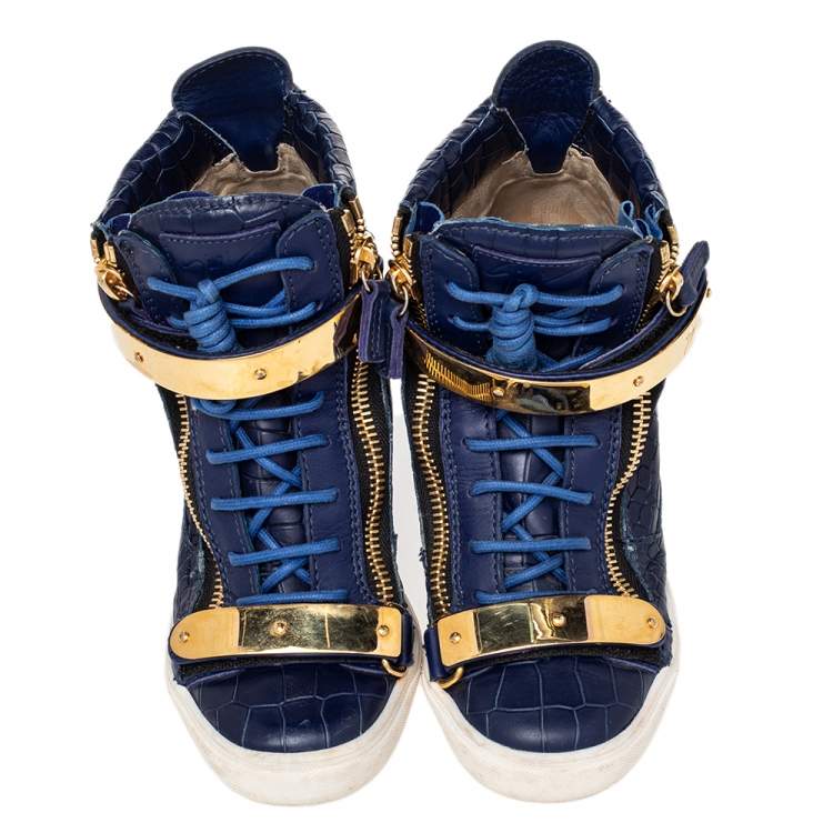 Pre Owned Giuseppe Zanotti Blue Croc Embossed Leather Coby Wedge Sneakers Size 38.5