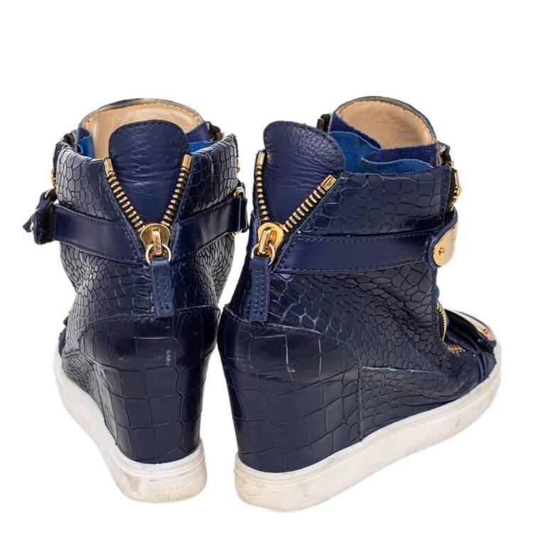 Pre Owned Giuseppe Zanotti Blue Croc Embossed Leather Coby Wedge Sneakers Size 38.5