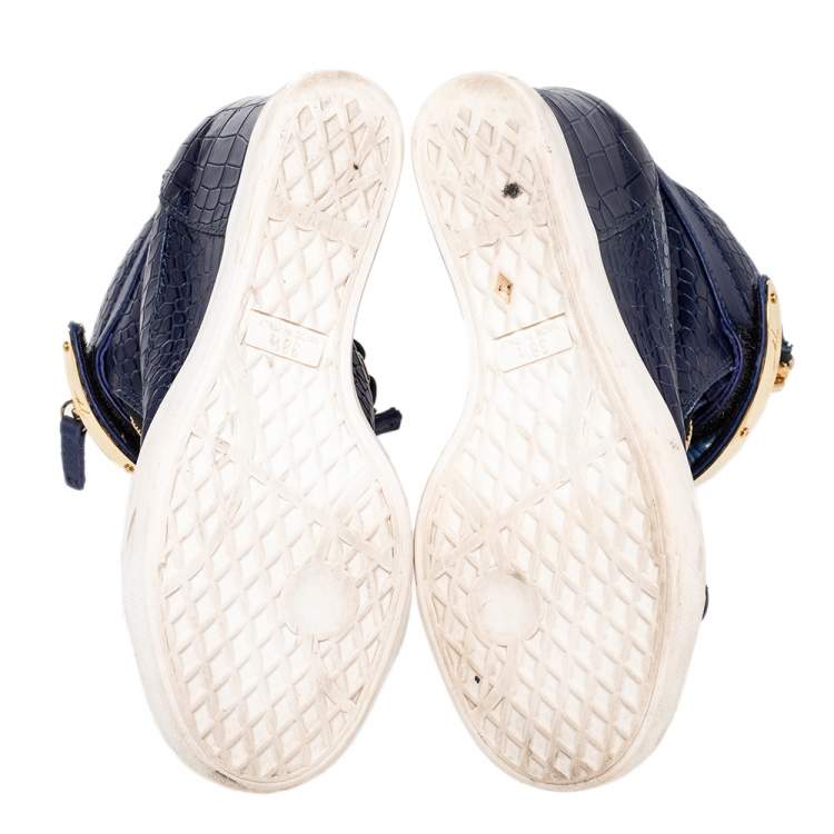 Pre Owned Giuseppe Zanotti Blue Croc Embossed Leather Coby Wedge Sneakers Size 38.5