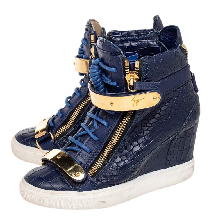 Pre Owned Giuseppe Zanotti Blue Croc Embossed Leather Coby Wedge Sneakers Size 38.5
