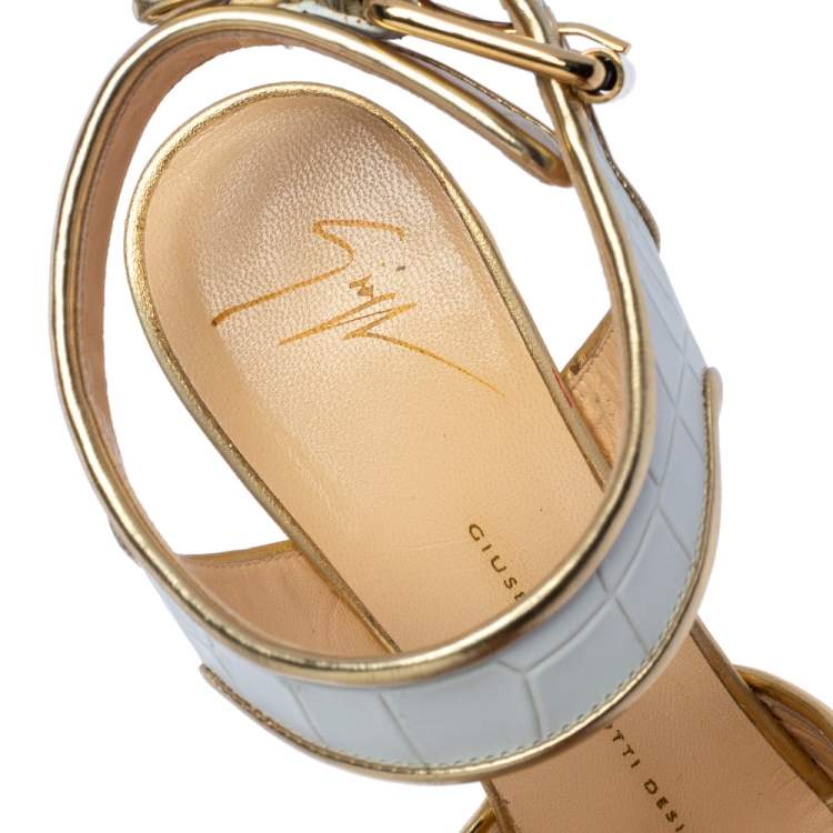 Pre Owned Giuseppe Zanotti White Croc Embossed Leather Peep Toe Platform Sandals Size 36.5