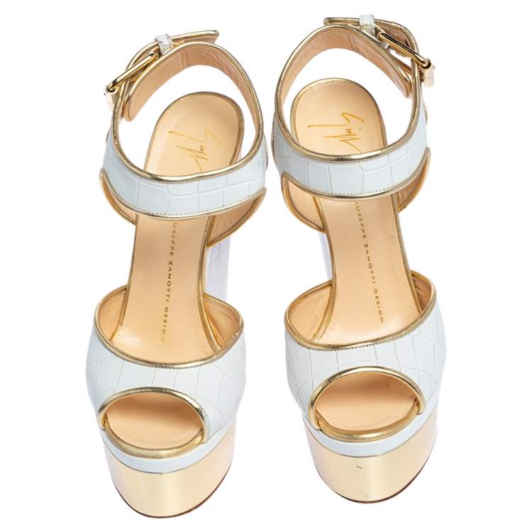 Pre Owned Giuseppe Zanotti White Croc Embossed Leather Peep Toe Platform Sandals Size 36.5