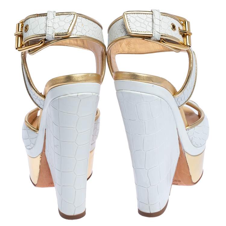 Pre Owned Giuseppe Zanotti White Croc Embossed Leather Peep Toe Platform Sandals Size 36.5