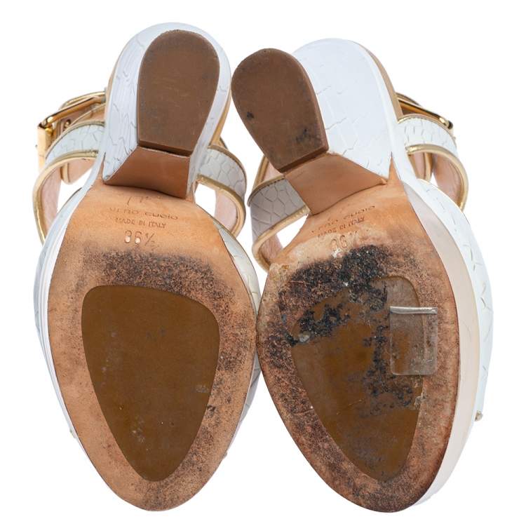Pre Owned Giuseppe Zanotti White Croc Embossed Leather Peep Toe Platform Sandals Size 36.5