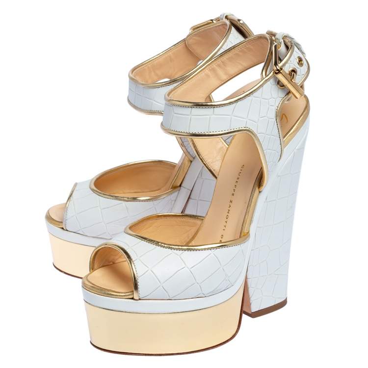 Pre Owned Giuseppe Zanotti White Croc Embossed Leather Peep Toe Platform Sandals Size 36.5