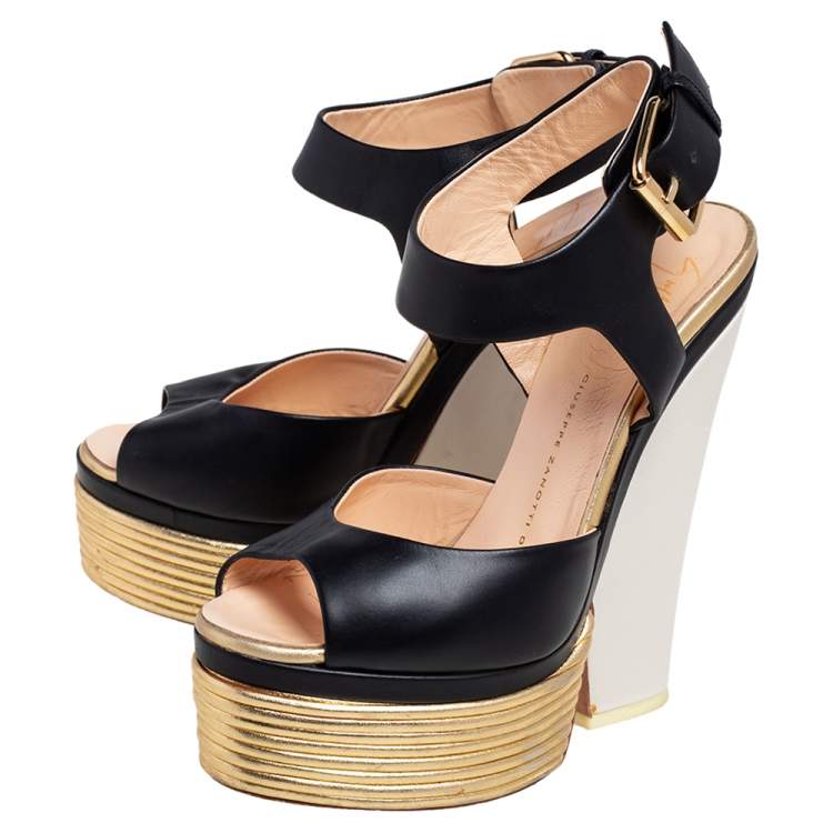 Pre Owned Giuseppe Zanotti Gold/Black Leather Peep Toe Platform Sandals Size 36.5