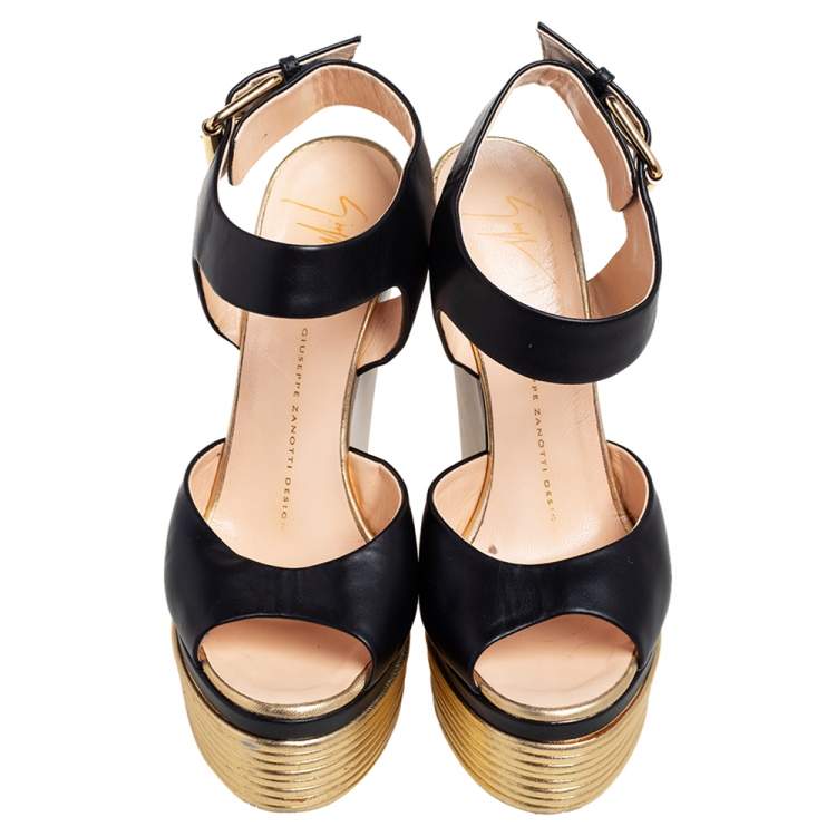 Pre Owned Giuseppe Zanotti Gold/Black Leather Peep Toe Platform Sandals Size 36.5