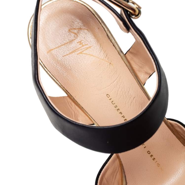 Pre Owned Giuseppe Zanotti Gold/Black Leather Peep Toe Platform Sandals Size 36.5