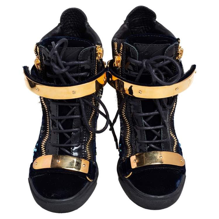 Pre Owned Giuseppe Zanotti Black Leather and Velvet Embroidered Lorenz Wedge Sneakers Size 36