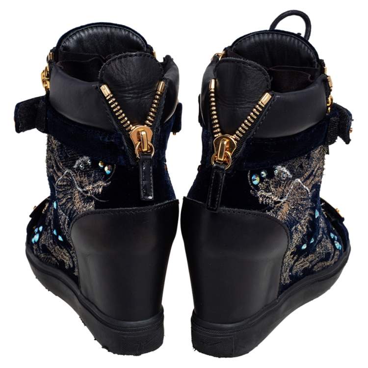 Pre Owned Giuseppe Zanotti Black Leather and Velvet Embroidered Lorenz Wedge Sneakers Size 36