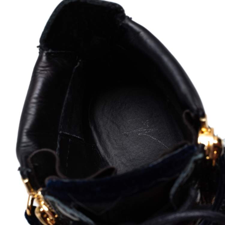Pre Owned Giuseppe Zanotti Black Leather and Velvet Embroidered Lorenz Wedge Sneakers Size 36