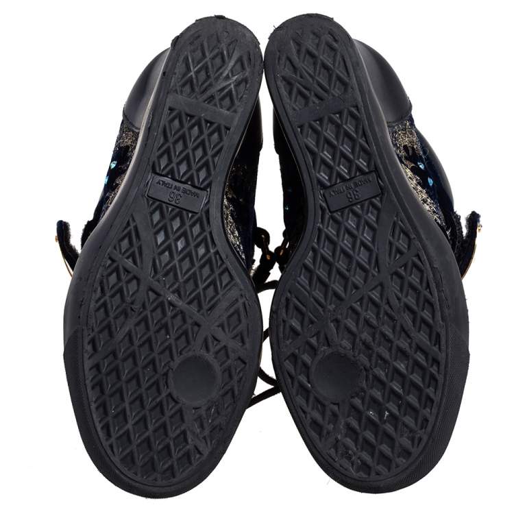 Pre Owned Giuseppe Zanotti Black Leather and Velvet Embroidered Lorenz Wedge Sneakers Size 36