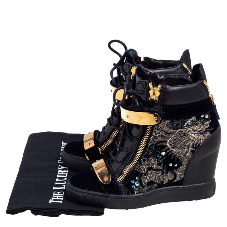 Pre Owned Giuseppe Zanotti Black Leather and Velvet Embroidered Lorenz Wedge Sneakers Size 36
