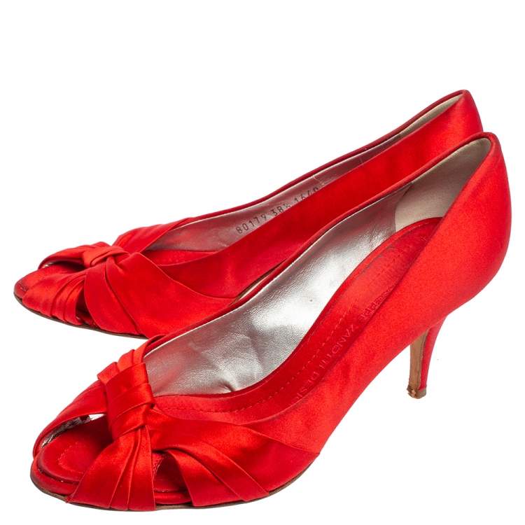 Pre Owned Giuseppe Zanotti Red Satin Criss Cross Peep Toe Pumps Size 38.5