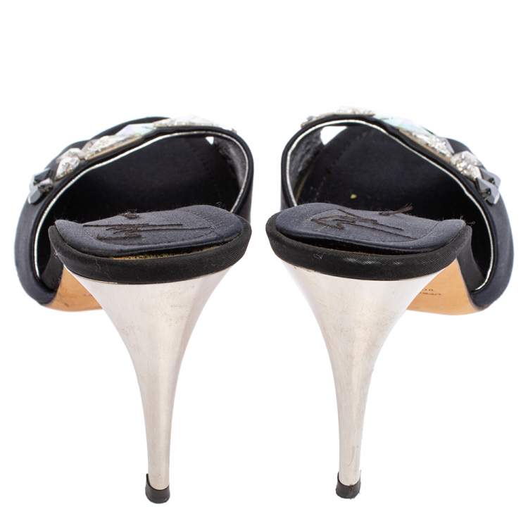 Pre Owned Giuseppe Zanotti Blue Satin Crystal Embellished Peep Toe Mule Sandals Size 40