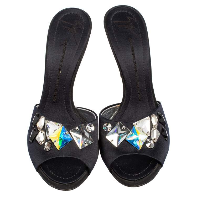 Pre Owned Giuseppe Zanotti Blue Satin Crystal Embellished Peep Toe Mule Sandals Size 40