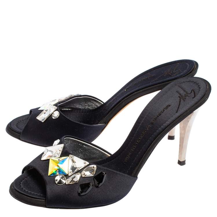 Pre Owned Giuseppe Zanotti Blue Satin Crystal Embellished Peep Toe Mule Sandals Size 40