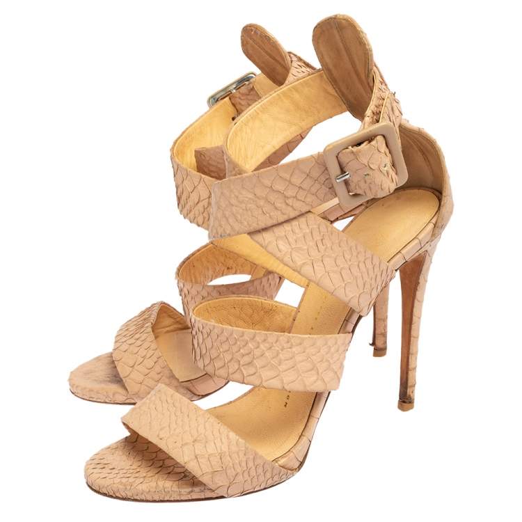 Pre Owned Giuseppe Zanotti Beige Python Embossed Leather Strappy Sandals Size 38.5