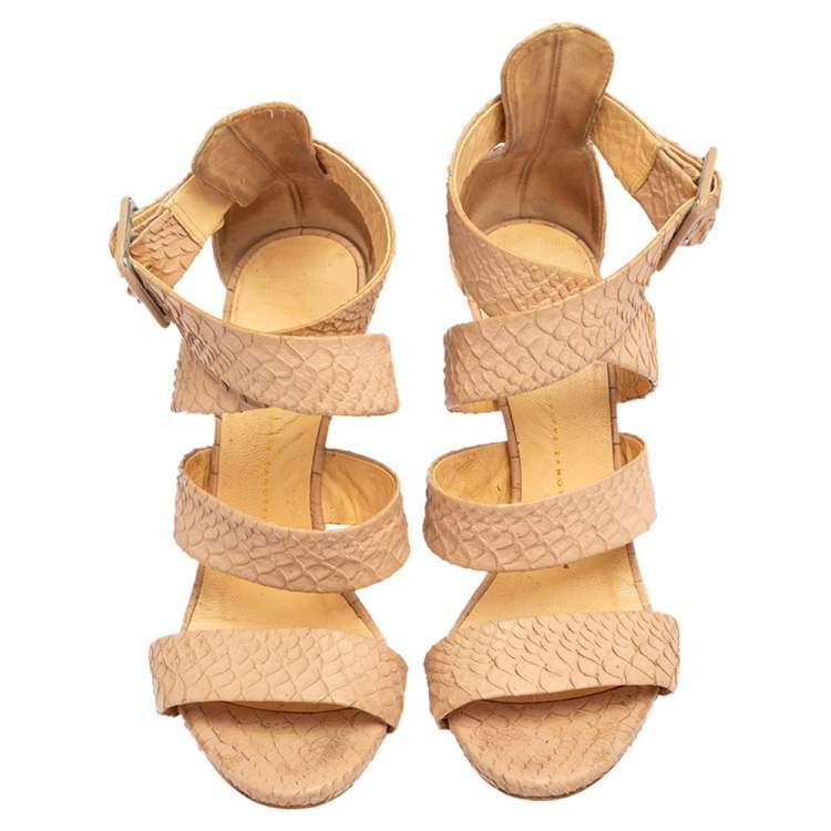 Pre Owned Giuseppe Zanotti Beige Python Embossed Leather Strappy Sandals Size 38.5