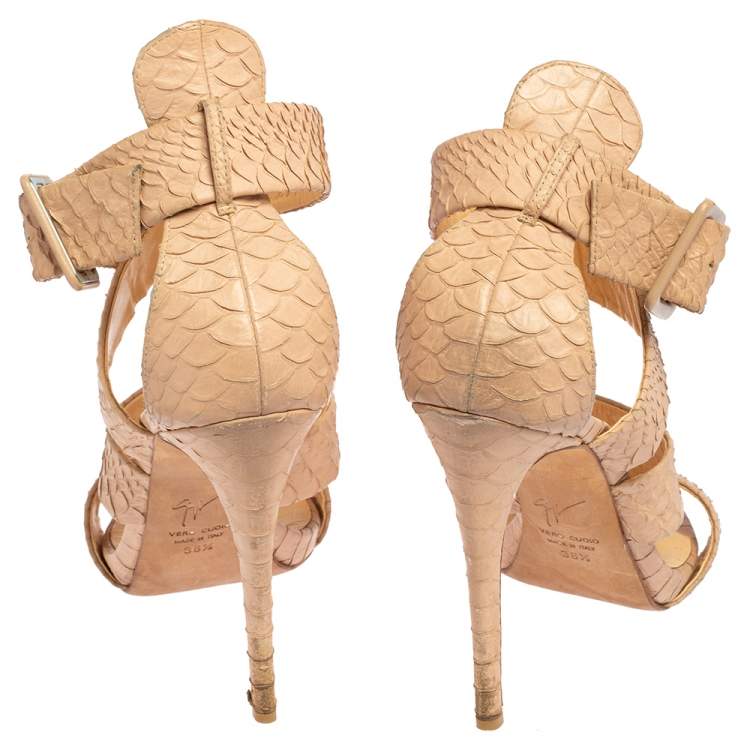 Pre Owned Giuseppe Zanotti Beige Python Embossed Leather Strappy Sandals Size 38.5