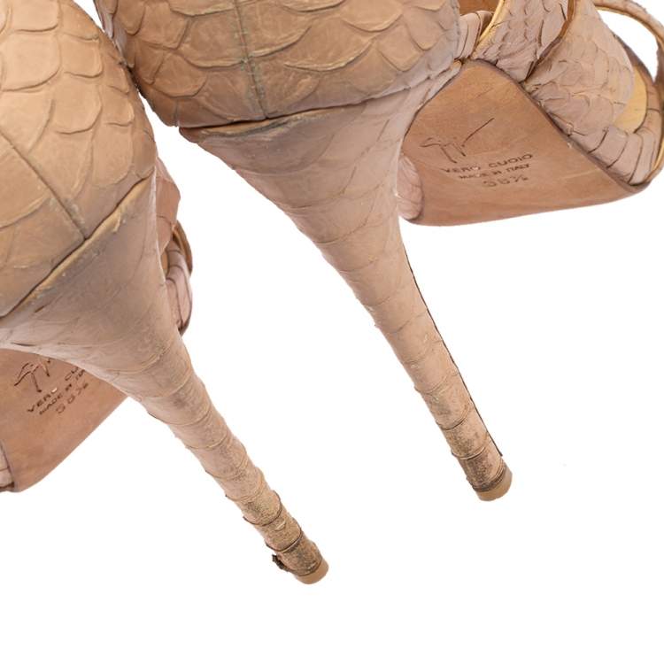 Pre Owned Giuseppe Zanotti Beige Python Embossed Leather Strappy Sandals Size 38.5