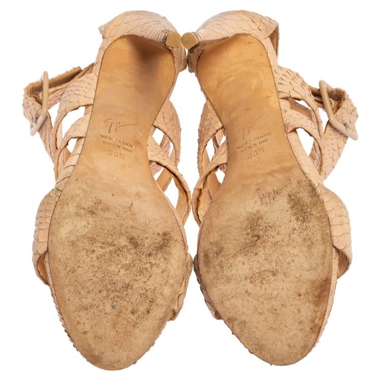 Pre Owned Giuseppe Zanotti Beige Python Embossed Leather Strappy Sandals Size 38.5