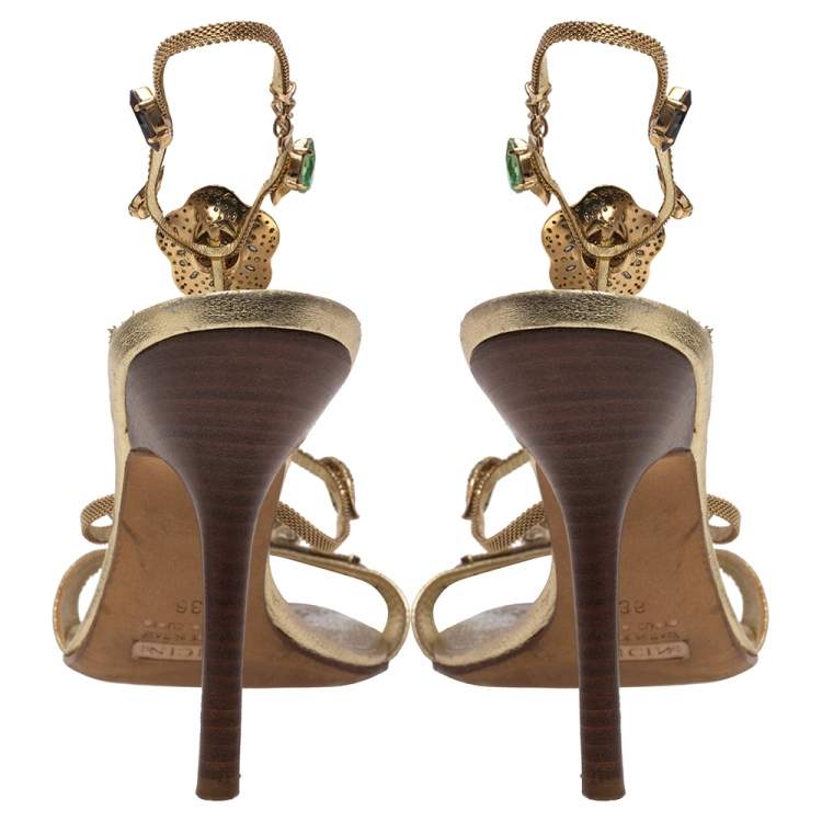 Pre Owned Giuseppe Zanotti Gold Leather Crystal Embellished Ankle Strap Sandals Size 36
