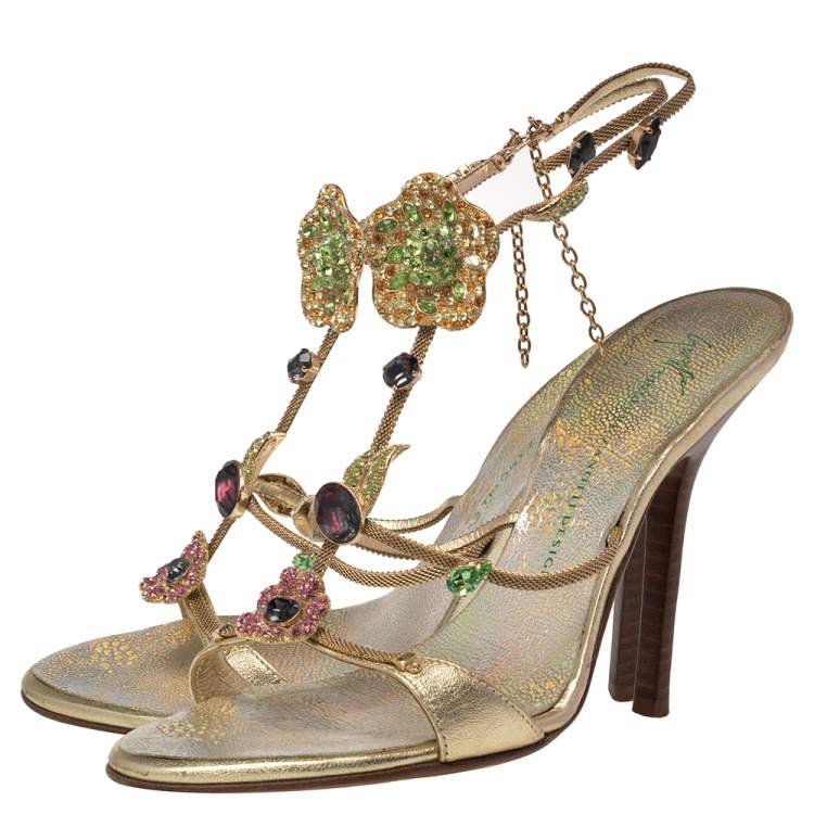 Pre Owned Giuseppe Zanotti Gold Leather Crystal Embellished Ankle Strap Sandals Size 36