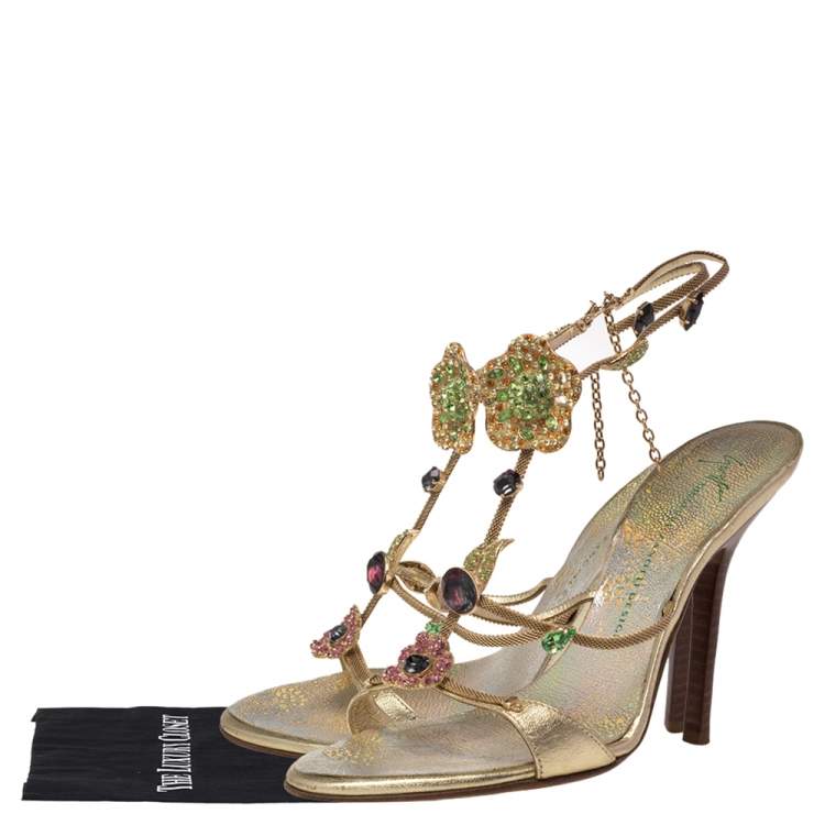 Pre Owned Giuseppe Zanotti Gold Leather Crystal Embellished Ankle Strap Sandals Size 36
