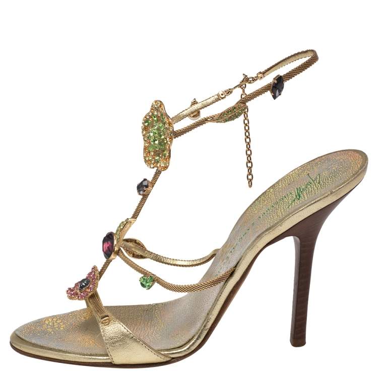 Pre Owned Giuseppe Zanotti Gold Leather Crystal Embellished Ankle Strap Sandals Size 36