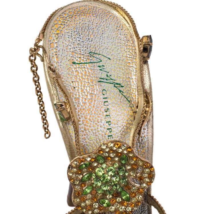 Pre Owned Giuseppe Zanotti Gold Leather Crystal Embellished Ankle Strap Sandals Size 36