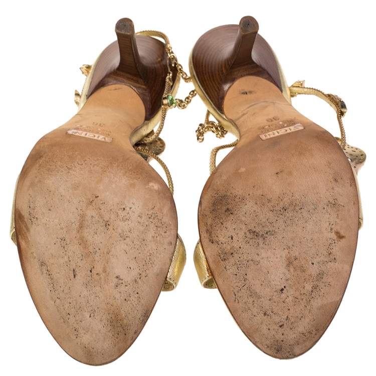 Pre Owned Giuseppe Zanotti Gold Leather Crystal Embellished Ankle Strap Sandals Size 36