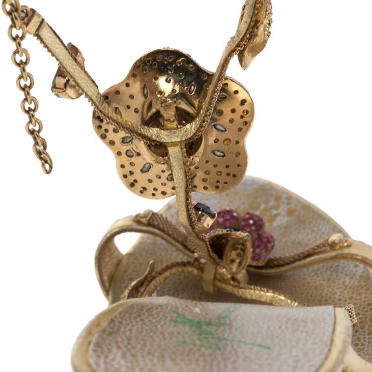 Pre Owned Giuseppe Zanotti Gold Leather Crystal Embellished Ankle Strap Sandals Size 36