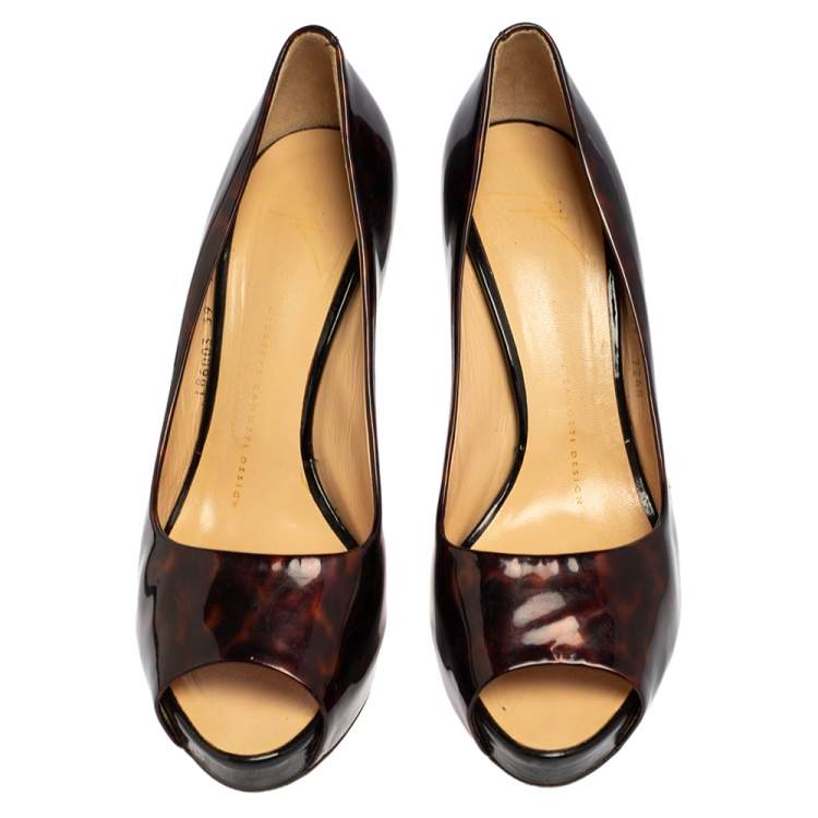 Pre Owned Giuseppe Zanotti Brown Tortoise Shell Patent Leather Peep Toe Platform Pumps Size 39