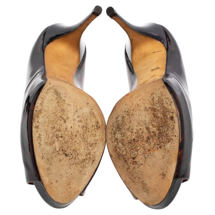 Pre Owned Giuseppe Zanotti Brown Tortoise Shell Patent Leather Peep Toe Platform Pumps Size 39