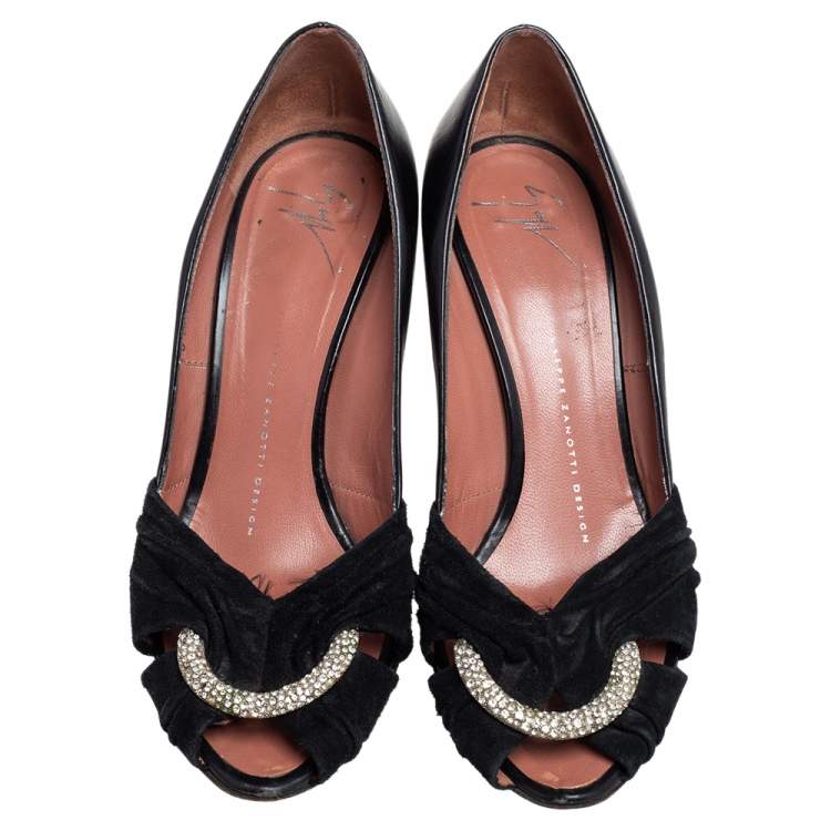 Pre Owned Giuseppe Zanotti Black Leather and Suede Crystal Embellished Peep Toe Pumps Size 37.5