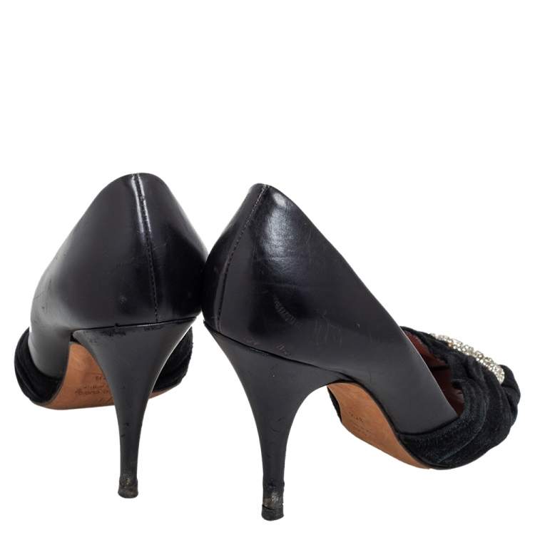 Pre Owned Giuseppe Zanotti Black Leather and Suede Crystal Embellished Peep Toe Pumps Size 37.5