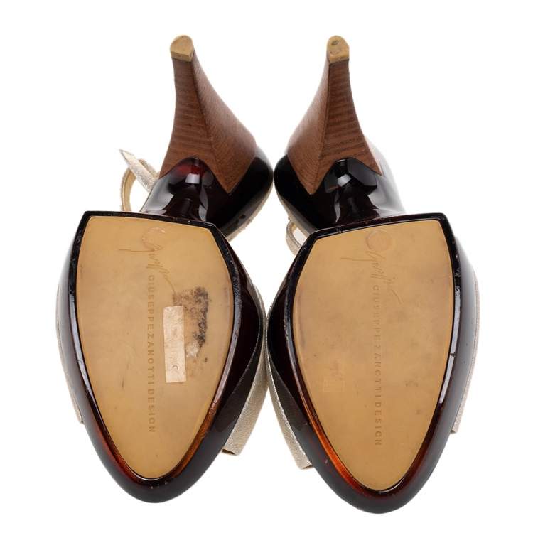 Pre Owned Giuseppe Zanotti Gold Leather Peep Toe Sling Back Pumps Size 39