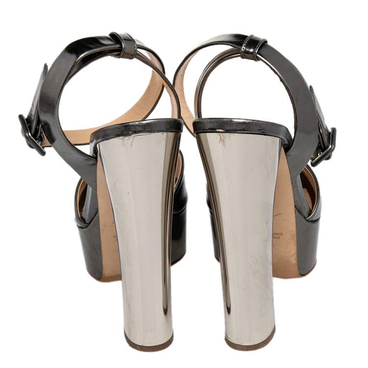 Pre Owned Giuseppe Zanotti Metallic Grey Leather Betty Peep Toe Platform Sandals Size 40