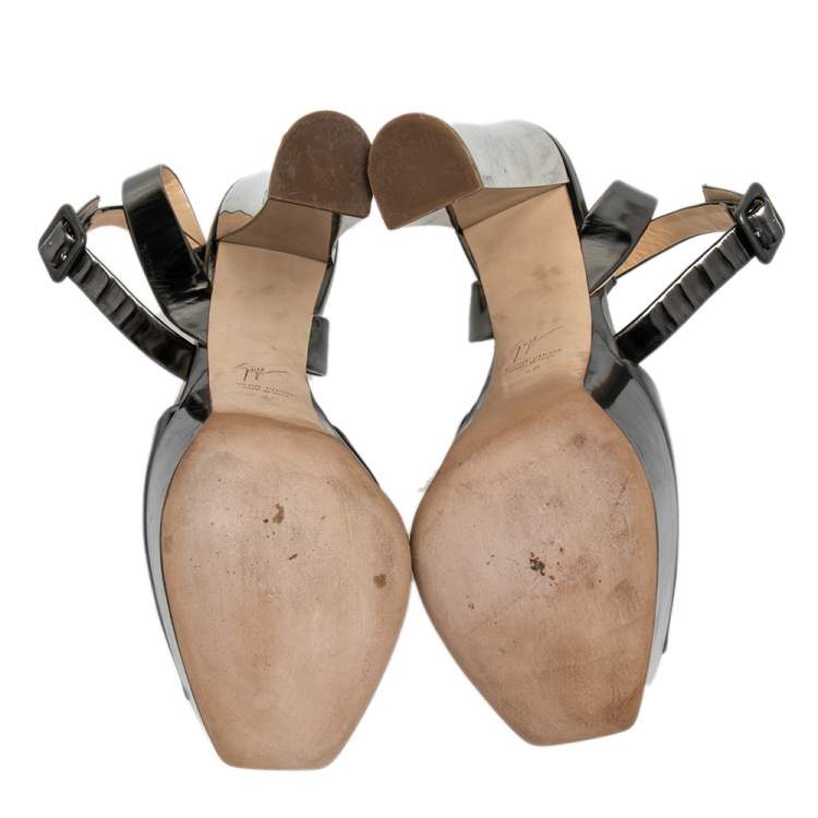 Pre Owned Giuseppe Zanotti Metallic Grey Leather Betty Peep Toe Platform Sandals Size 40